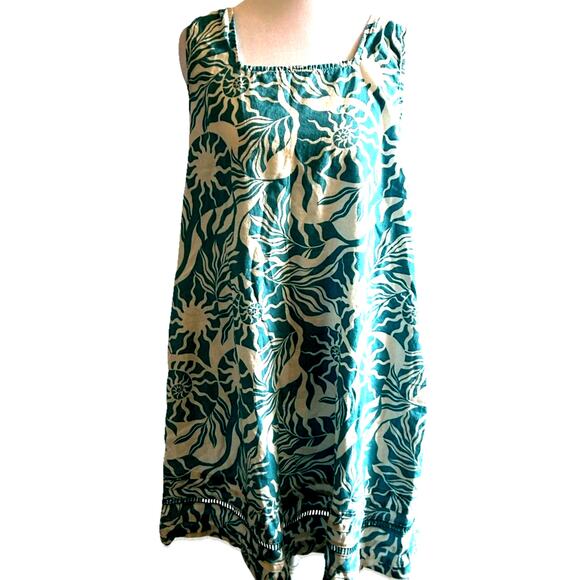 Linen Dress moon stars sea shells beach boho teal green Tropical Pockets retro s - Picture 1 of 13